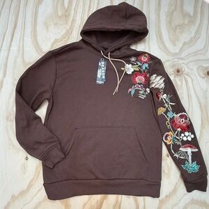 Reason Brand Mens Large Brown Embroidered Floral Mushroom Hoodie F3-11 NWT